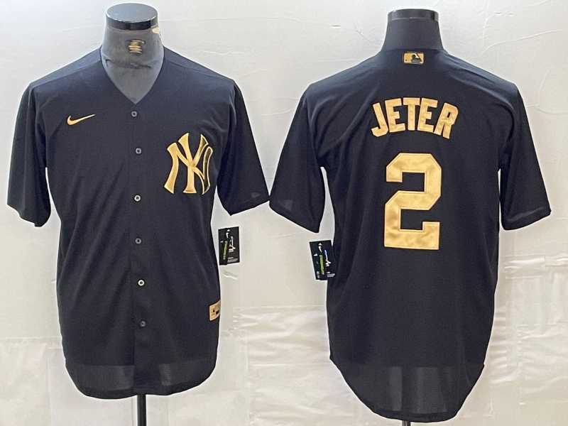 Men%27s New York Yankees #2 Derek Jeter Black Gold Cool Base Stitched Jersey